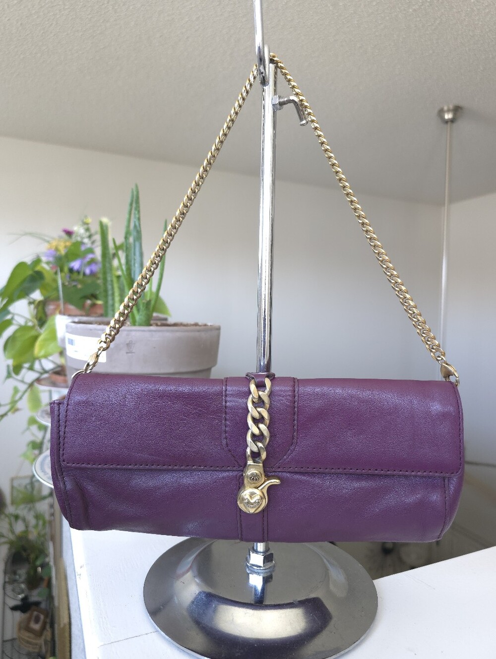 Juicy Couture Vintage Leather Shoulder Bag in Plum with Gold Tone Chain